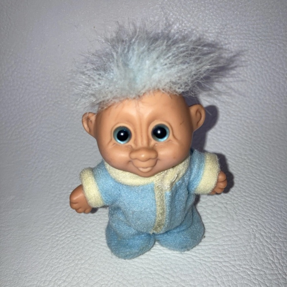 Russ Baby Boy Troll Figure In Blue and Yellow Footie Vintage Pajamas 3" standing